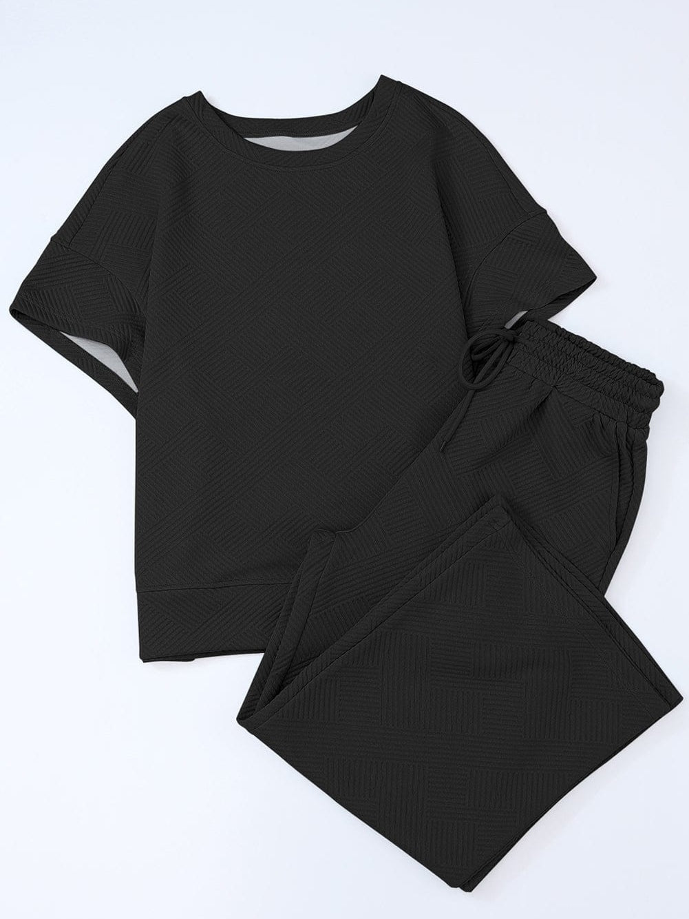 Black Ribbed Casual Lounge Set with Loose Fit Top and Drawstring Pants from MsDressly