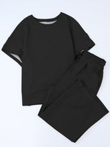 Black Ribbed Casual Lounge Set with Loose Fit Top and Drawstring Pants from MsDressly