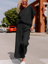 Black Ribbed Casual Lounge Set with Loose Fit Top and Drawstring Pants from MsDressly