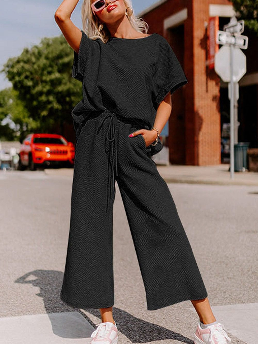 Black Ribbed Casual Lounge Set with Loose Fit Top and Drawstring Pants from MsDressly