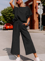 Black Ribbed Casual Lounge Set with Loose Fit Top and Drawstring Pants from MsDressly