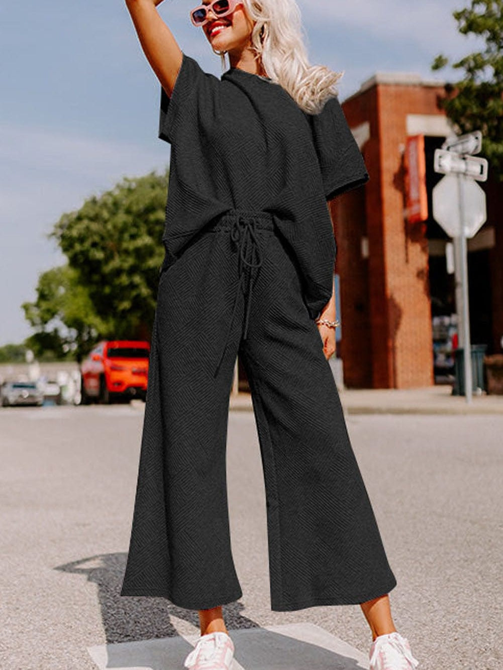 Black Ribbed Casual Lounge Set with Loose Fit Top and Drawstring Pants from MsDressly