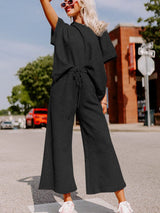 Black Ribbed Casual Lounge Set with Loose Fit Top and Drawstring Pants from MsDressly