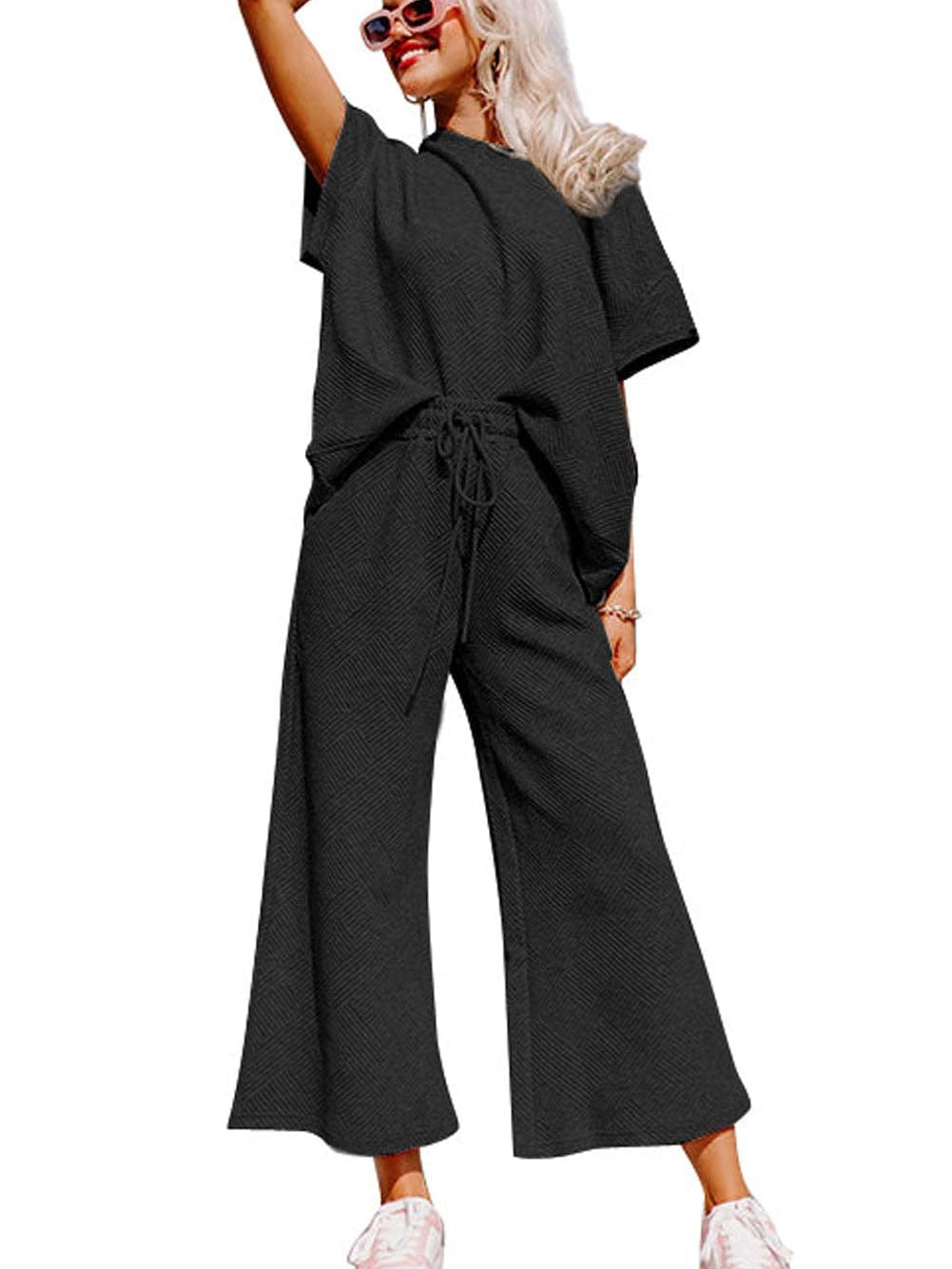 Black Ribbed Casual Lounge Set with Loose Fit Top and Drawstring Pants from MsDressly