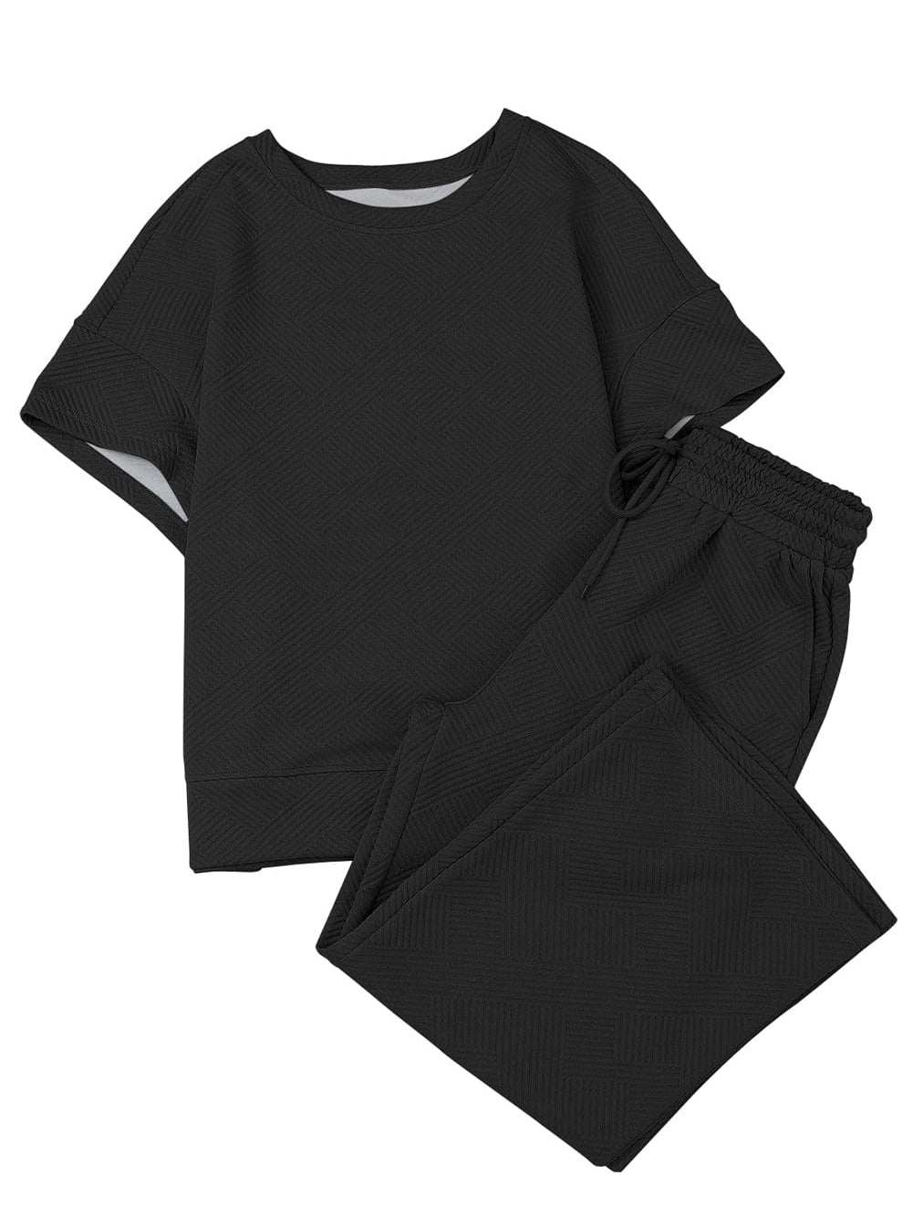 Black Ribbed Casual Lounge Set with Loose Fit Top and Drawstring Pants from MsDressly