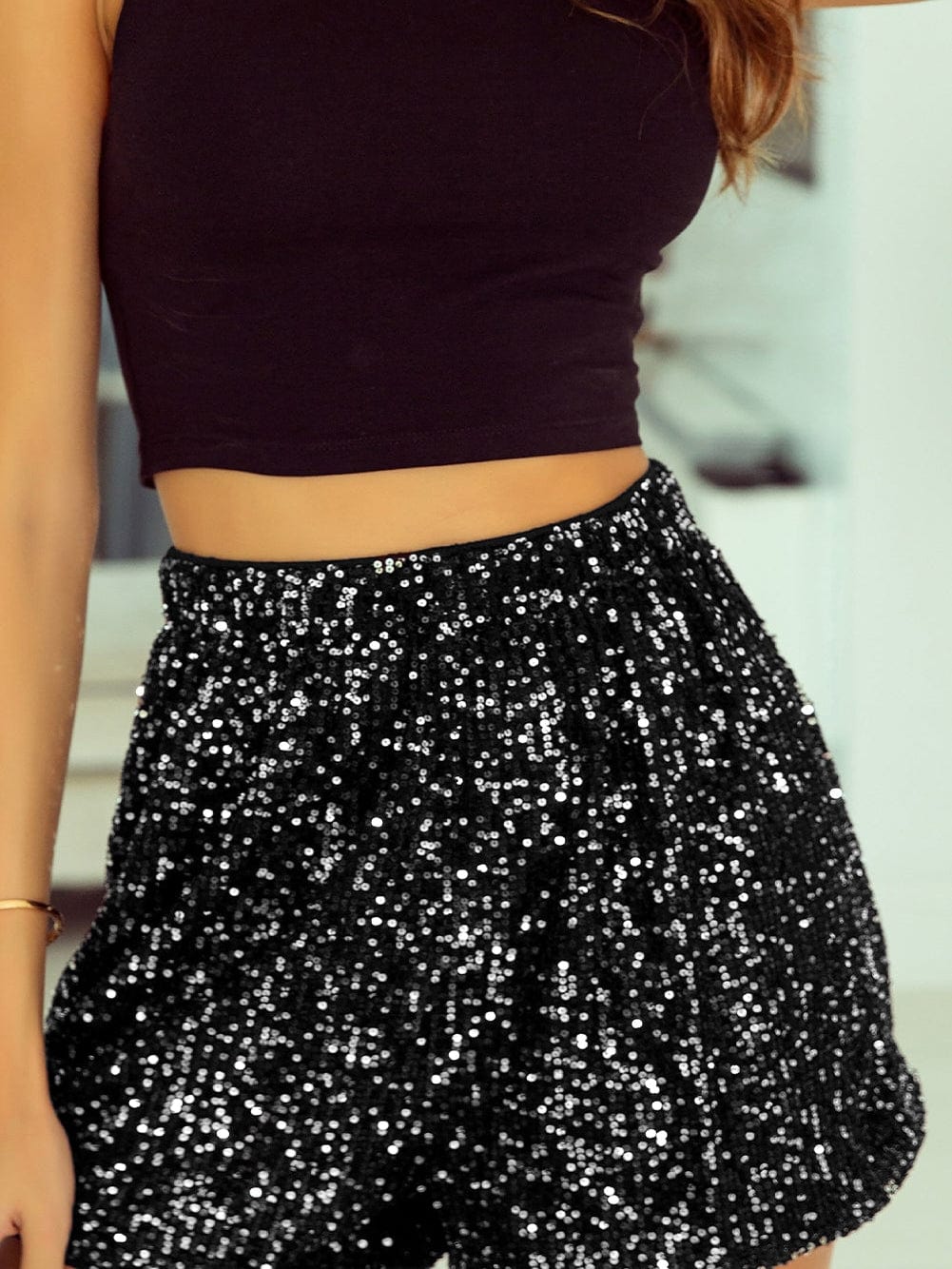 Black Sequin High-Waisted Casual Shorts with Straight Leg from MsDressly