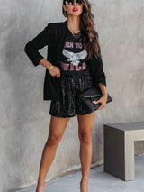 Black Sequin High-Waisted Casual Shorts with Straight Leg from MsDressly