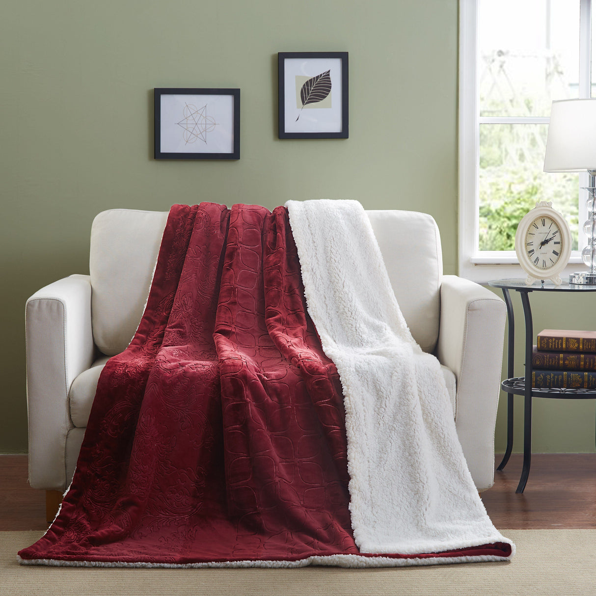 Tache Solid Embossed Merlot Red Reversible Sherpa Throw Blanket (62087) from Tache Home Fashion