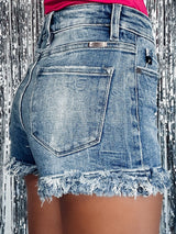 Blue Distressed Raw Hem High Waist Denim Shorts from MsDressly