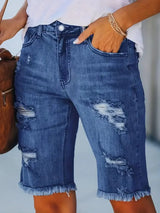 Blue Raw Hem Denim Jorts with Distressed Details, Mid-Stretch Slash Pockets Bermuda Denim Shorts, Women's Denim Jeans & Apparel from MsDressly