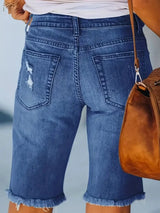 Blue Raw Hem Denim Jorts with Distressed Details, Mid-Stretch Slash Pockets Bermuda Denim Shorts, Women's Denim Jeans & Apparel from MsDressly