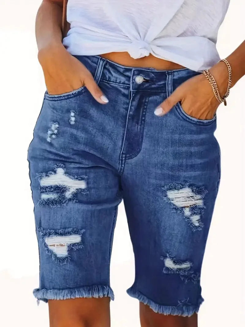 Blue Raw Hem Denim Jorts with Distressed Details, Mid-Stretch Slash Pockets Bermuda Denim Shorts, Women's Denim Jeans & Apparel from MsDressly
