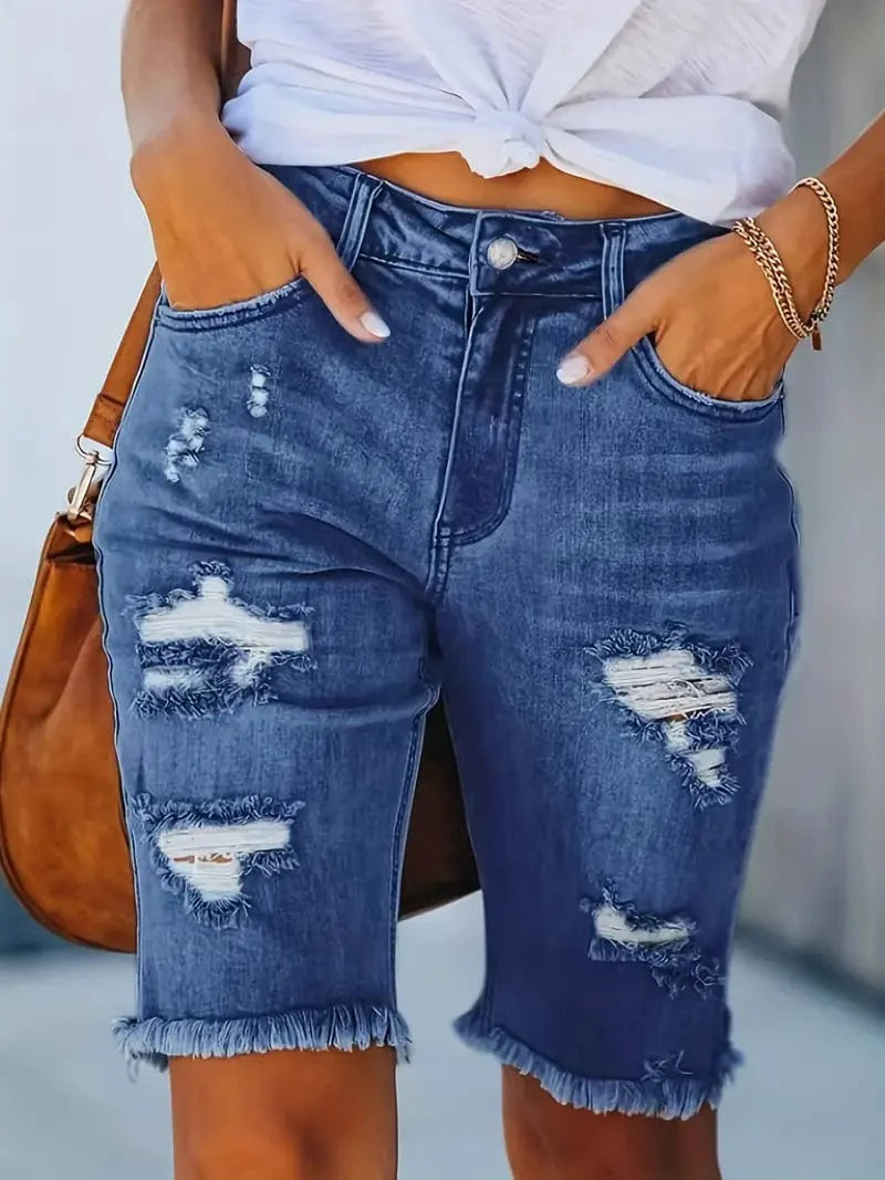 Blue Raw Hem Denim Jorts with Distressed Details, Mid-Stretch Slash Pockets Bermuda Denim Shorts, Women's Denim Jeans & Apparel from MsDressly