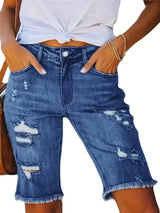 Blue Raw Hem Denim Jorts with Distressed Details, Mid-Stretch Slash Pockets Bermuda Denim Shorts, Women's Denim Jeans & Apparel from MsDressly