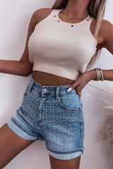 Blue Sparkle Denim Shorts with Rhinestone Accents from MsDressly