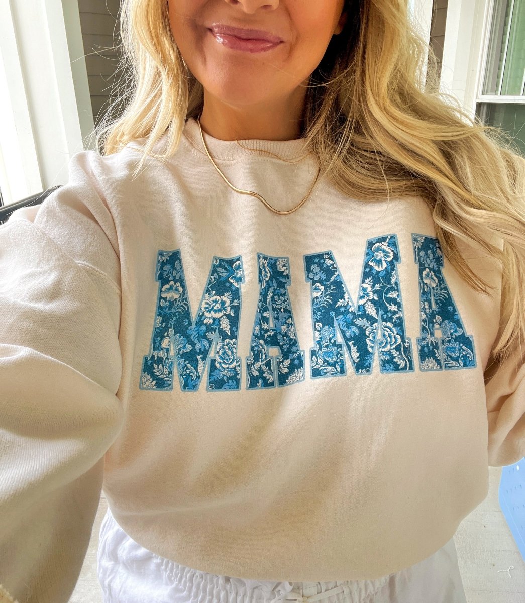 'Blue & White Chinoiserie 'Mama' Crewneck Sweatshirt from United Monograms