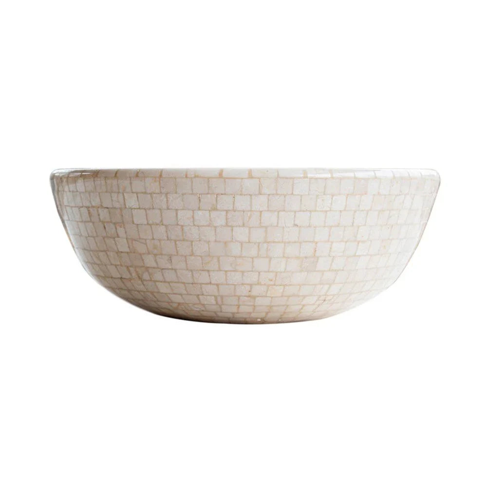 Botticino Marble Mosaic Natural Stone Round Above Vanity Vessel Sink Semi-polished (D)16" (H)6" From Villohome