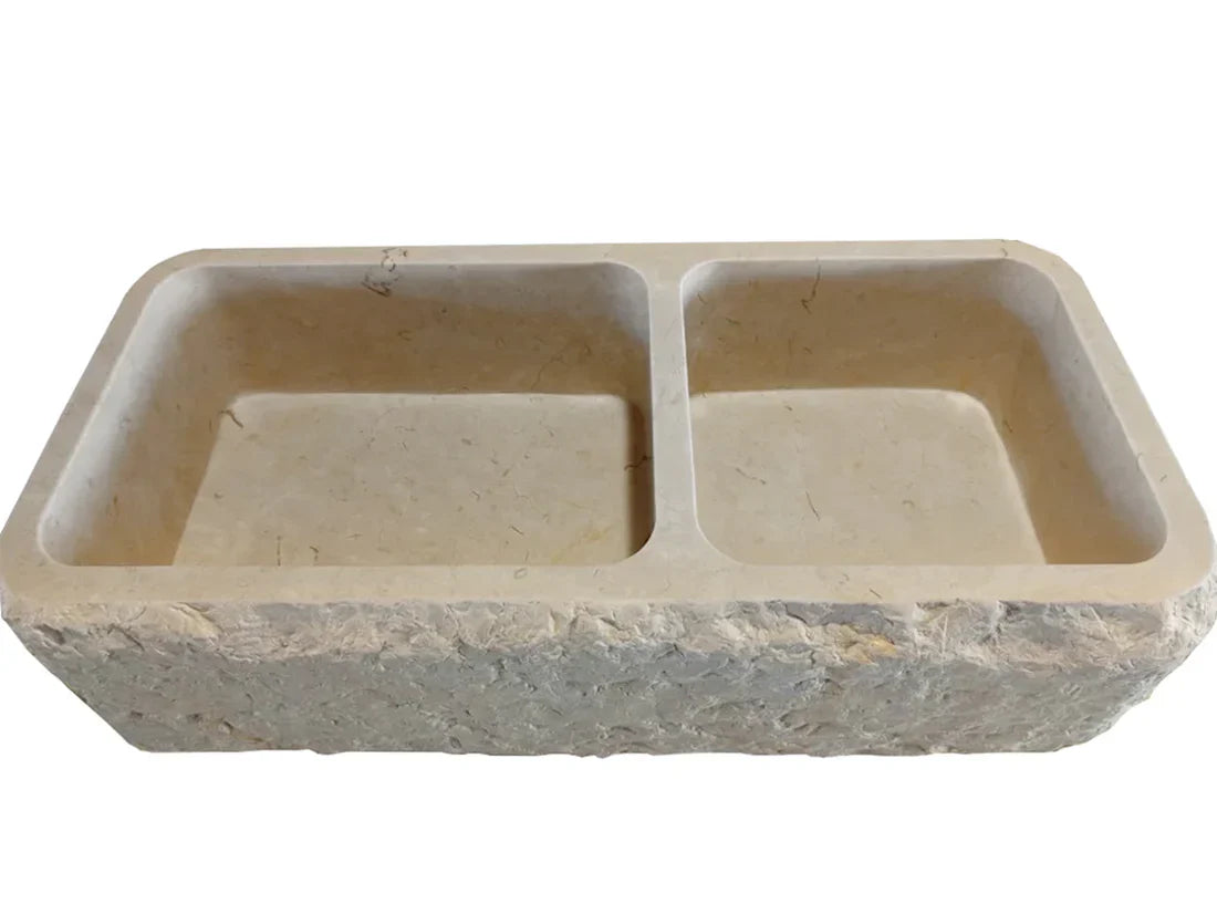 Botticino Beige Marble Farmhouse Apron Kitchen Double Sink (W)16" (L)32" (H)10" From Villohome