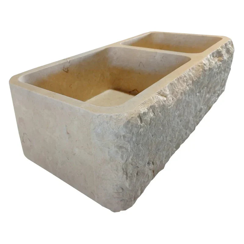 Botticino Beige Marble Farmhouse Apron Kitchen Double Sink (W)16" (L)32" (H)10" From Villohome
