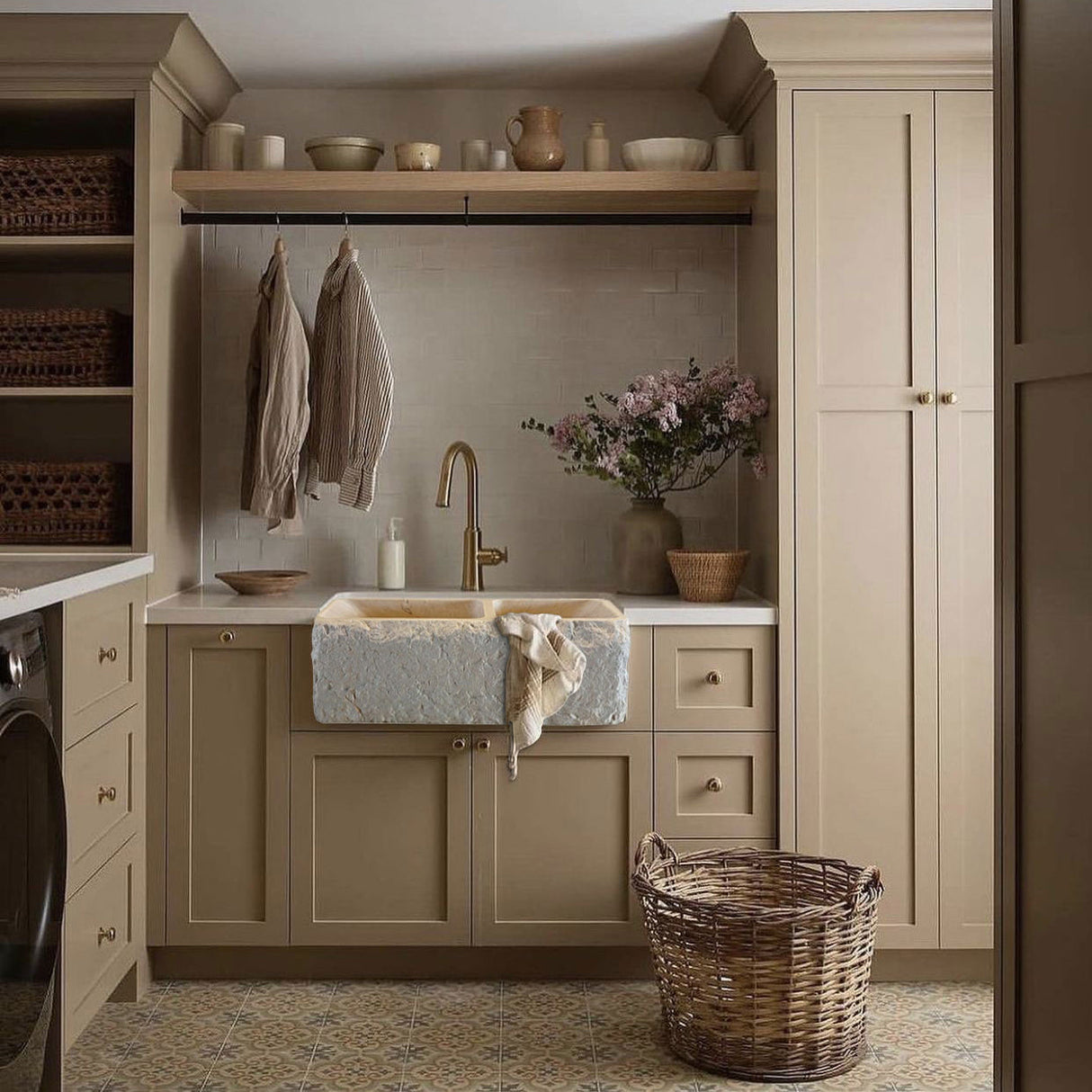 Botticino Beige Marble Farmhouse Apron Kitchen Double Sink (W)16" (L)32" (H)10" From Villohome