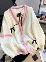 Bow Knit Cardigan – Y2K Aesthetic Contrast Trim Sweater From Kawaii Stop