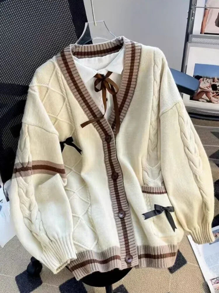 Bow Knit Cardigan – Y2K Aesthetic Contrast Trim Sweater From Kawaii Stop