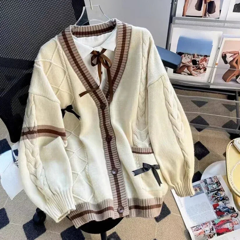 Bow Knit Cardigan – Y2K Aesthetic Contrast Trim Sweater From Kawaii Stop
