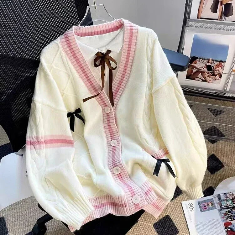 Bow Knit Cardigan – Y2K Aesthetic Contrast Trim Sweater From Kawaii Stop