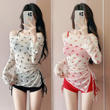 Bow Print Bikini Set – Korean 3pcs Mesh Cover with Drawstring Shorts from Kawaii Stop