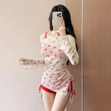 Bow Print Bikini Set – Korean 3pcs Mesh Cover with Drawstring Shorts from Kawaii Stop