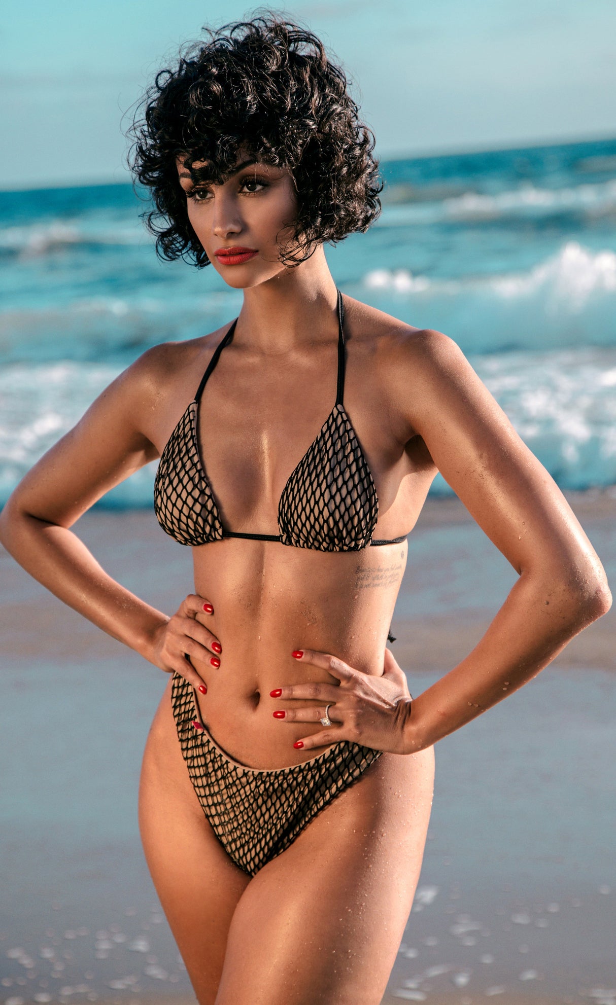 Brenda: High Cut Scrunch Bikini in Tan w/ Black Fishnet Overlay From Chynna Dolls