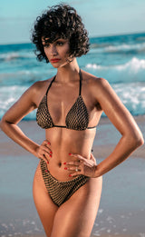 Brenda: High Cut Scrunch Bikini in Tan w/ Black Fishnet Overlay From Chynna Dolls