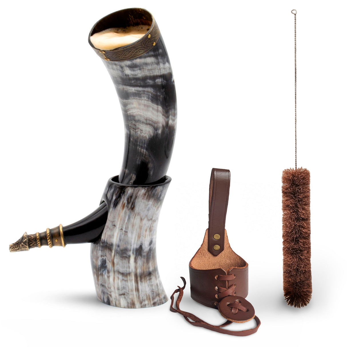 Curved Drinking Horn Bundle with Stand & Holster from Norse Tradesman