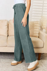 Basic Bae Full Size Ribbed Drawstring Hooded Top and Straight Pants Set from Enfance-Heureuse