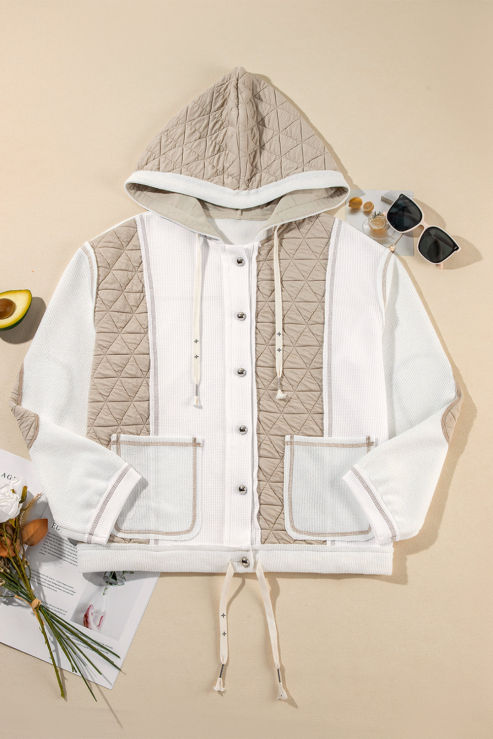 Beige Quilted Textured Patchwork Loose Fit Hooded Jacket from MsDressly