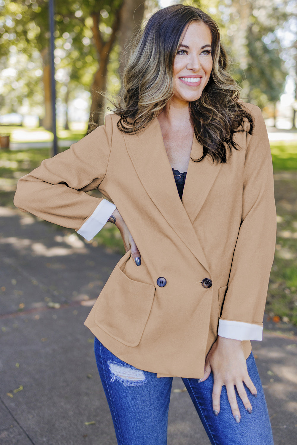 Apricot Buttoned Lapel Collar Blazer with Pocket from MsDressly