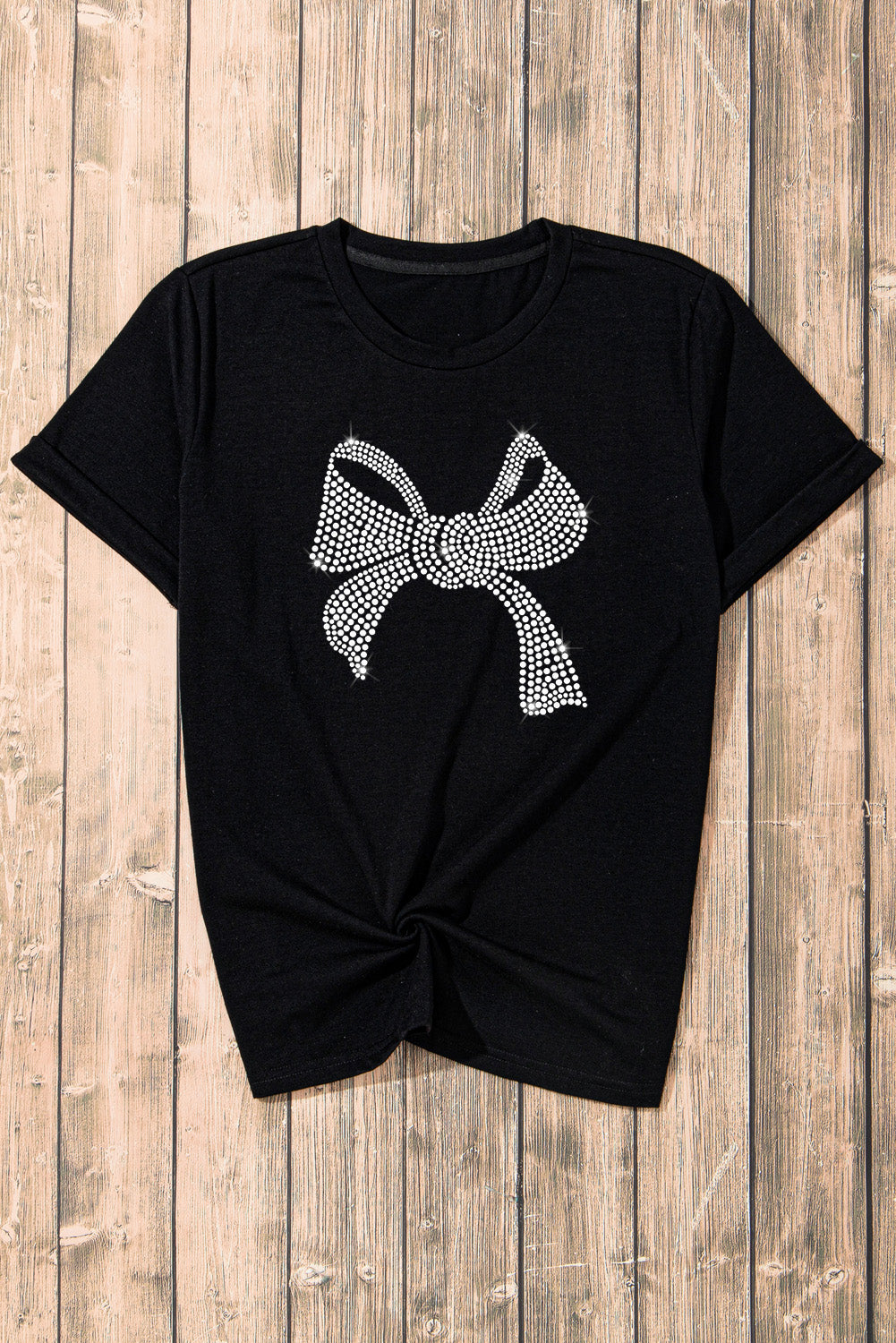 Black Rhinestone Bowknot Graphic Crewneck T Shirt from MsDressly