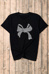 Black Rhinestone Bowknot Graphic Crewneck T Shirt from MsDressly