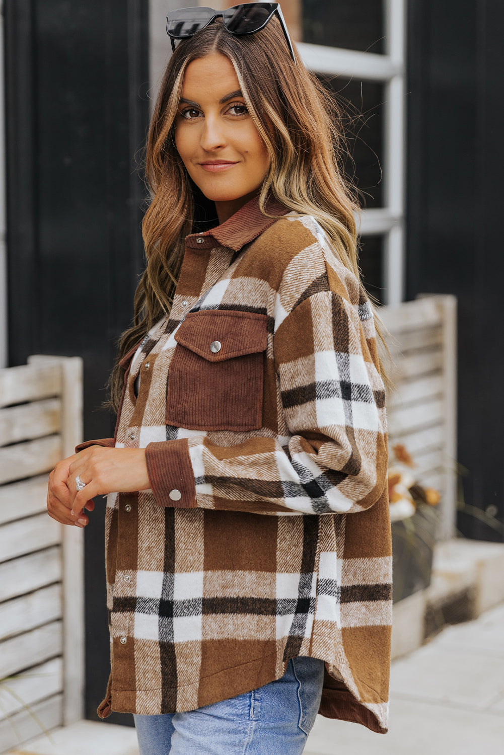 Phoebe Pocketed Buttoned Plaid Shirt Jacket from Threaded Pear