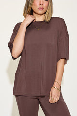 Basic Bae Full Size Bamboo Drop Shoulder T-Shirt and Flare Pants Set from Enfance-Heureuse