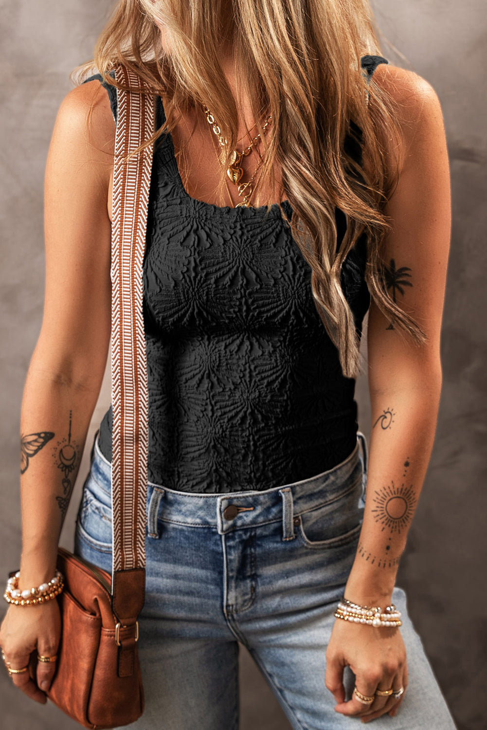 Black Floral Jacquard Square Neck Tank Top From MsDressly