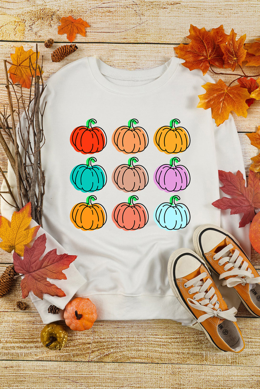 Beige Vibrant Pumpkins Print Crew Neck Halloween Sweatshirt from MsDressly