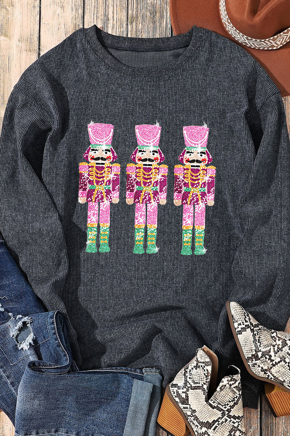 Black Christmas Sequined Nutcrackers Mineral Wash Corded Sweatshirt from MsDressly