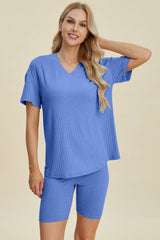 Basic Bae Full Size Ribbed V-Neck Short Sleeve Top and Shorts Set from Enfance-Heureuse