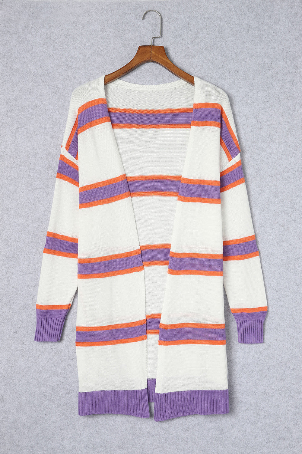 Beige Button-Up Striped Cardigan with Ribbed Trim and Long Sleeves from MsDressly