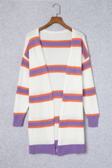 Beige Button-Up Striped Cardigan with Ribbed Trim and Long Sleeves from MsDressly