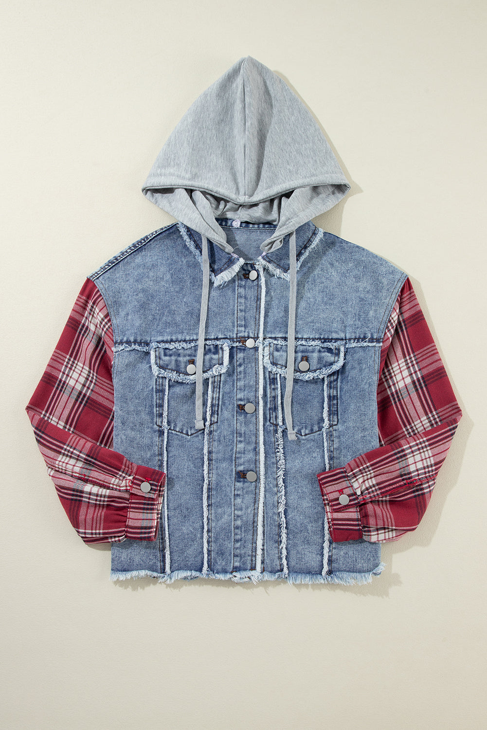 Beau Blue Plaid Print Patchwork Hooded Raw Hem Denim Jacket from MsDressly