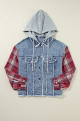 Beau Blue Plaid Print Patchwork Hooded Raw Hem Denim Jacket from MsDressly