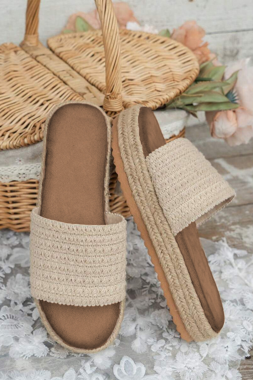 White Boho Woven Non-slip Wedge Slippers from Threaded Pear
