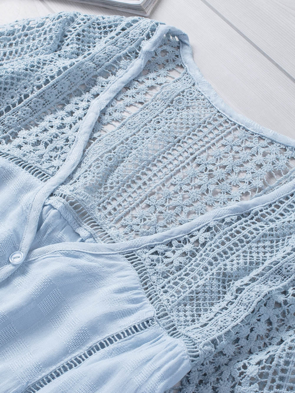 3/4 Sleeve Crochet Blouse in Light Blue from MsDressly